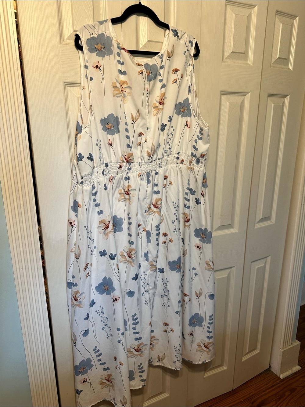 SHEIN White Floral Sleeveless Midi Dress with Blue and Tan Flowers